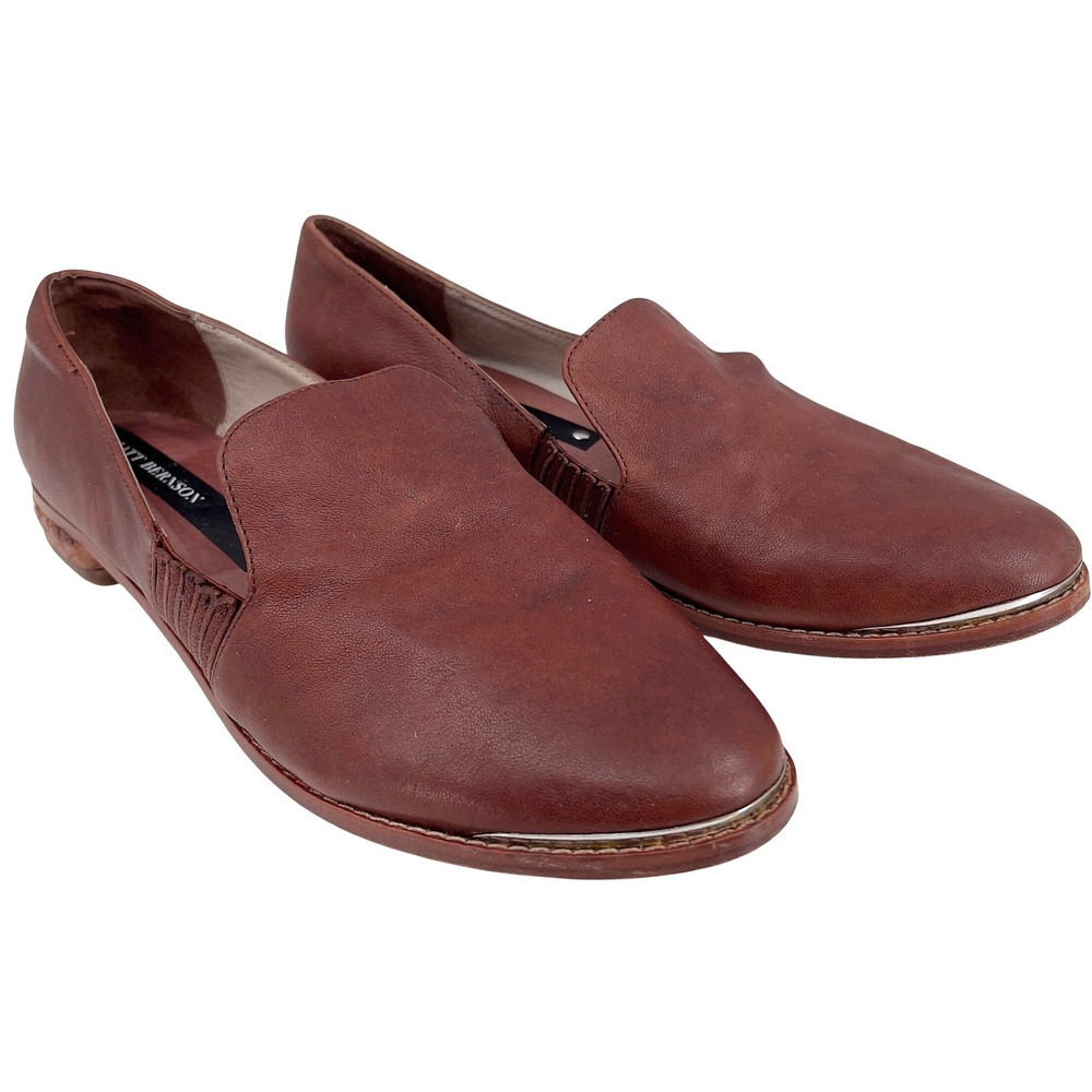 Matt Bernson Womens Leather Loafers Cognac Brown Braided Heel Slip Ons Flats 8.5